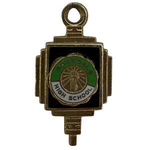 Vintage Rosedale High School Crest Necklace Pendant Gold Tone Kinney Black Green